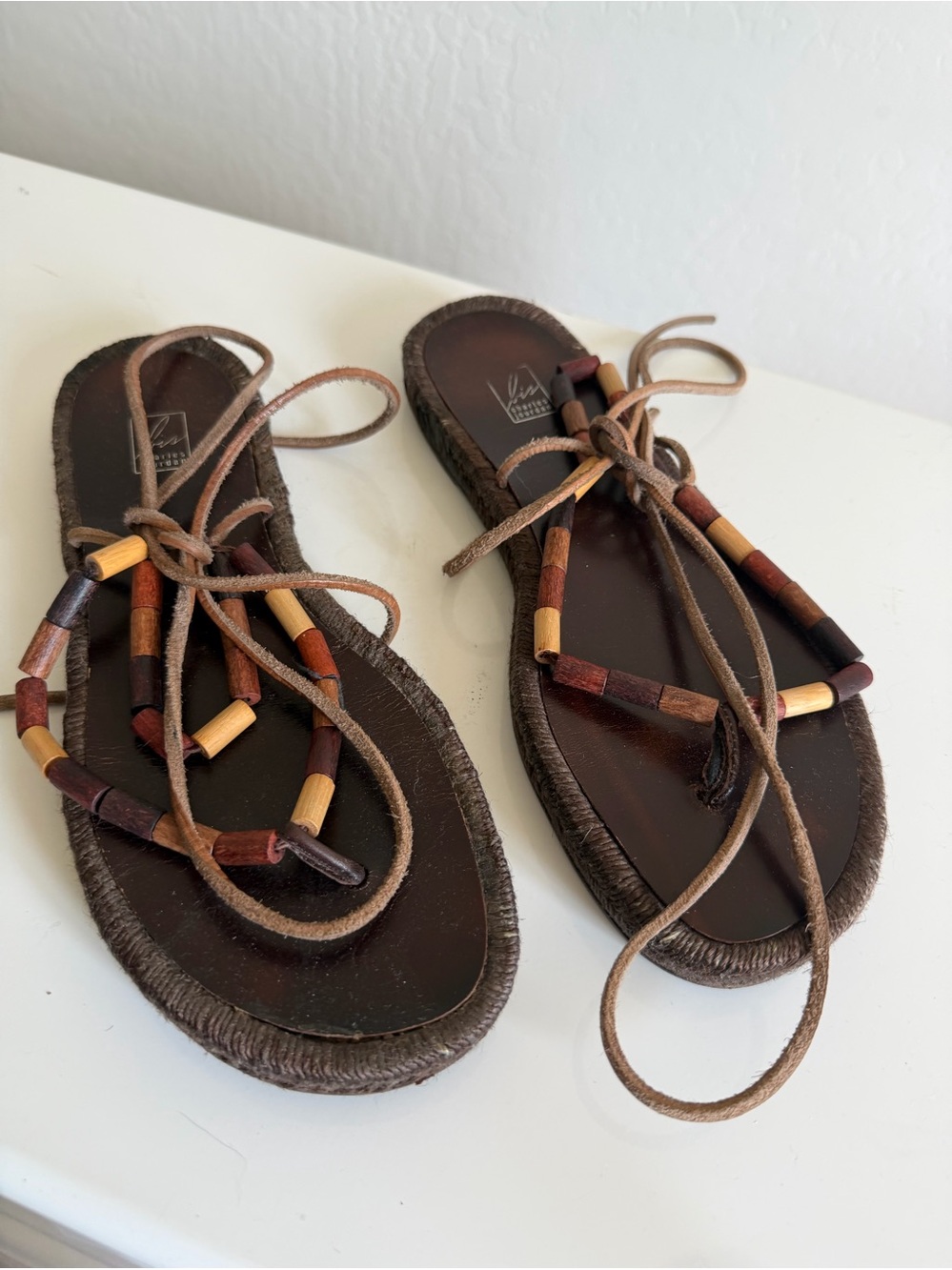 Vintage Bis Charles Jourdan Wooden Beaded Lace Up Gladiator Sandals Brown 10